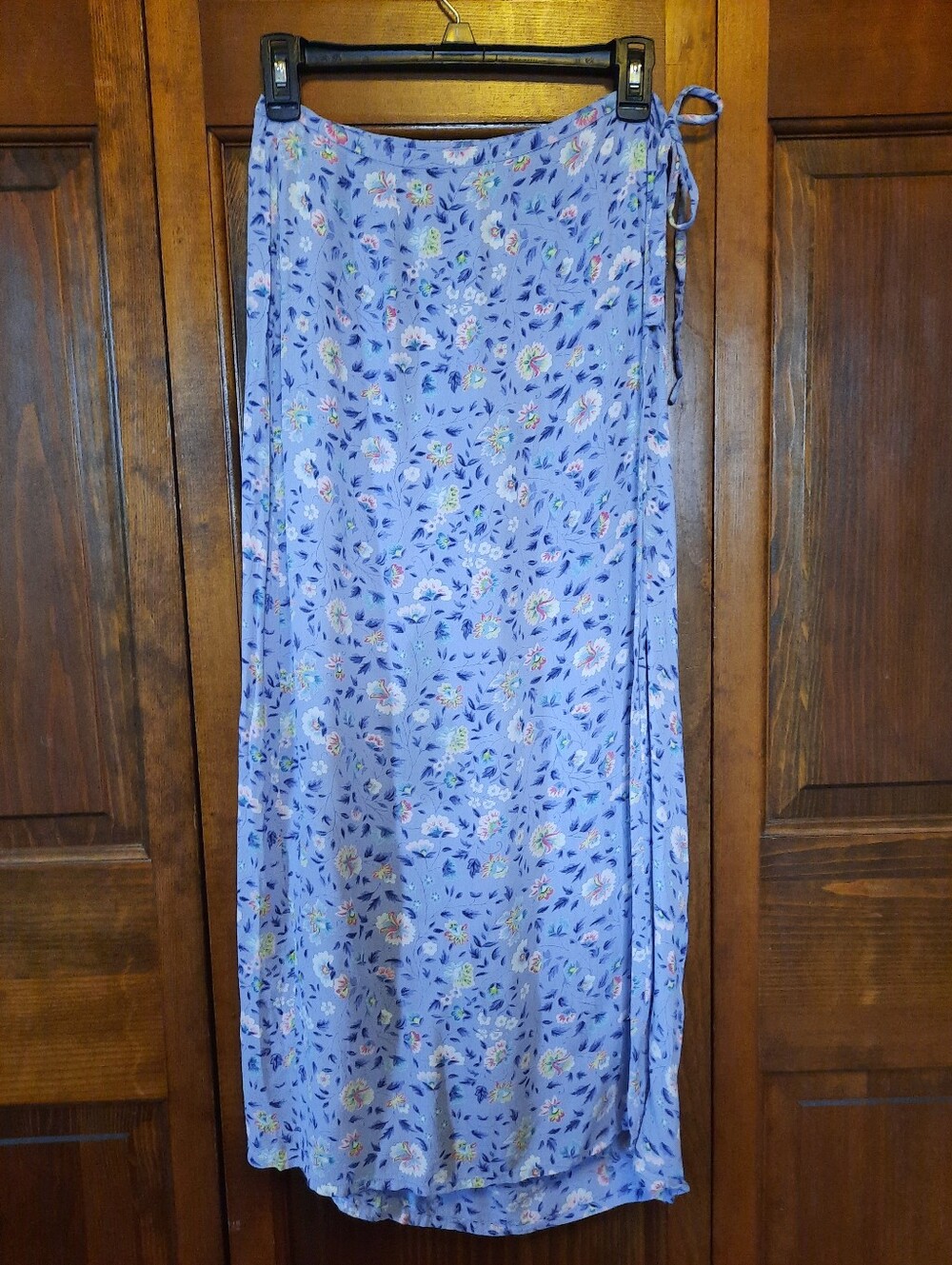 Vintage 90s Y2K Paul Harris Design Rayon Blue Floral Wrap Maxi Skirt Size Large